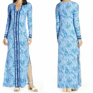 Lilly Pulitzer UPF 50+ FAYE MAXI DRESS Blue Peri Turtle Awesome White Sz S NWT